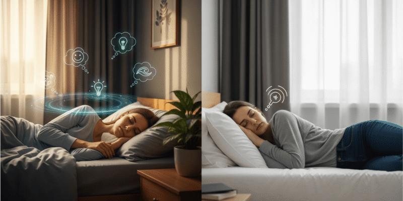 Two images of a woman asleep in bed, with a gentle light shining on her head.
