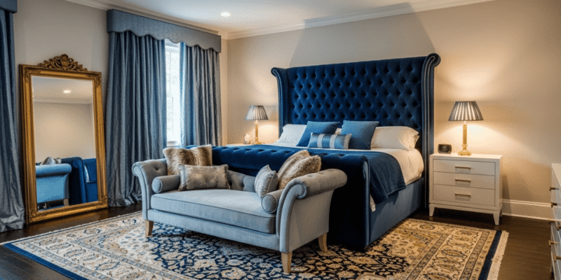 A serene bedroom with blue upholstered furniture and a mirror, creating a calming and inviting atmosphere.