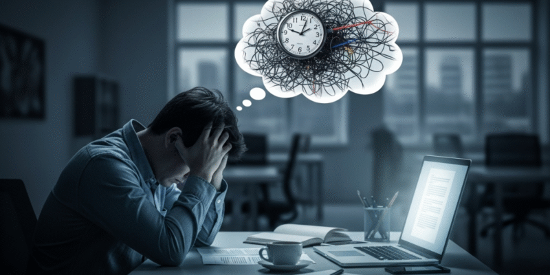 A man sits at his desk, focused on work, with a clock mounted on the wall above him.