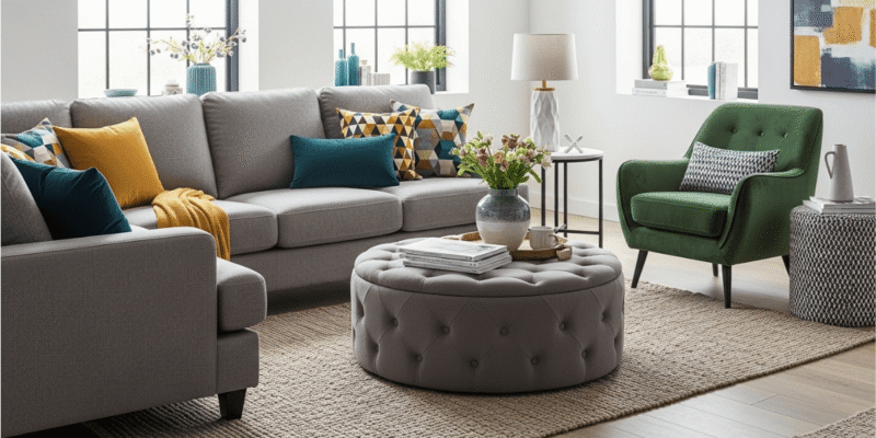A modern living room showcasing a couch, ottoman, and chair, designed for comfort and socializing.